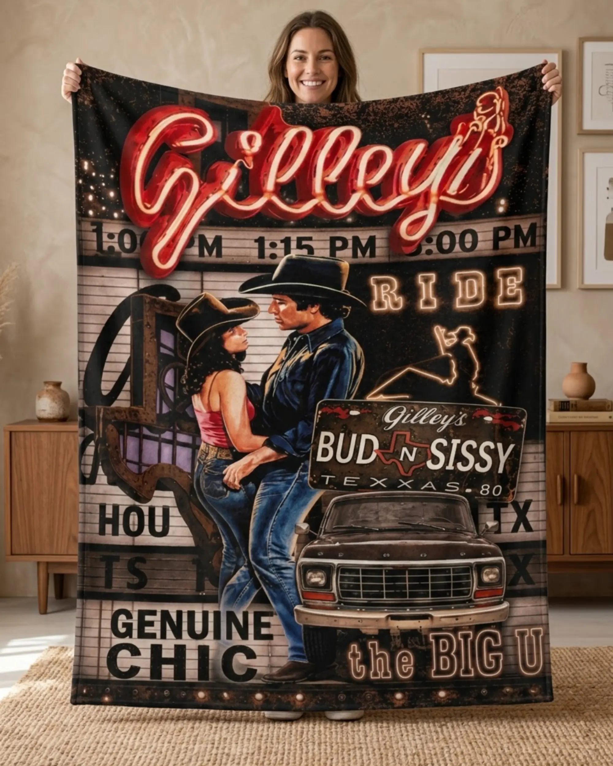 Urban Cowboy Bud and Sissy Flannel Blanket, Gilley’s Texas 1980 Western Movie Collage, Soft Cozy Throw, Country Film Fan Gift, Sofa Bed Decor