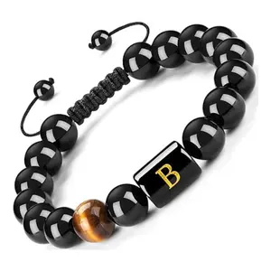 Men’s Initial Letter Bracelet – Black Onyx & Tiger Eye Beaded Rope Bracelet