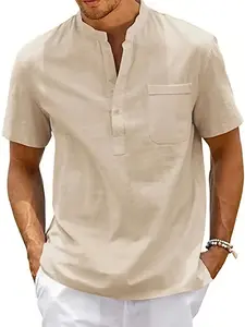 Summer Men's Cotton Cotton and Linen Short Sleeve Shirt Casual Button Up Vacation Beach Breathable Tees Fashion Male Clothing Top