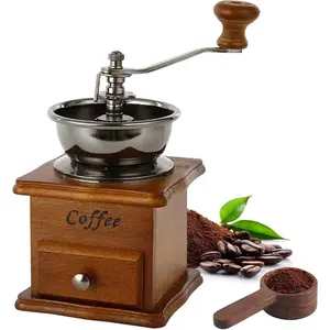 Manual Espresso Coffee Bean Grinder - Vintage Crude Wood Style Hand Coffee Grinder with Ceramic Grinding Core Portable Coffee Grinder With Coffee Spoon