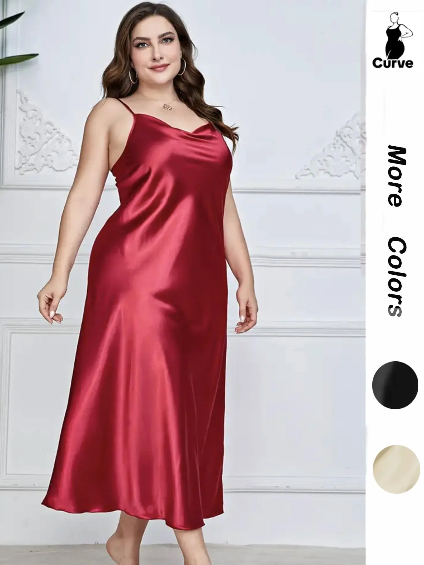 Plus Size Plain Cowl Neck Backless Satin Cami Nightdress, Casual Comfy Adjustable Spaghetti Strap Nightgown, Women's Sleepwear Loungewear for Summer