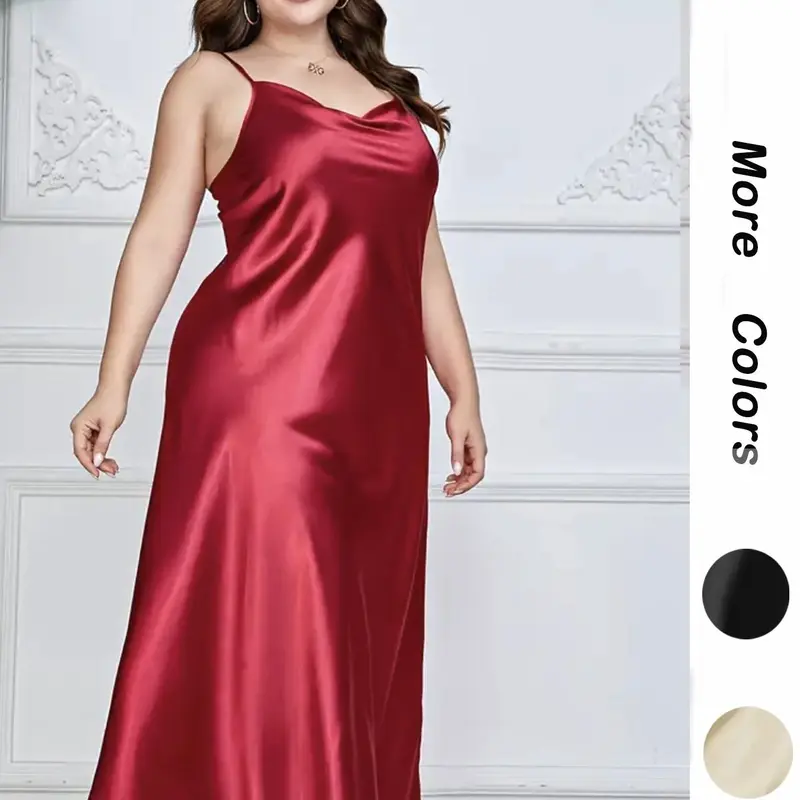 Plus Size Plain Cowl Neck Backless Satin Cami Nightdress, Casual Comfy Adjustable Spaghetti Strap Nightgown, Women's Sleepwear Loungewear for Summer Piece