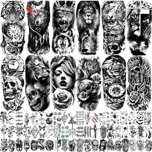 Animal & Skull Pattern Temporary Tattoo, 72 Sheets Temporary Tattoo for Men Women Adults, Include 12 Sheets Black 3D Half Sleeve Temporary Tattoos