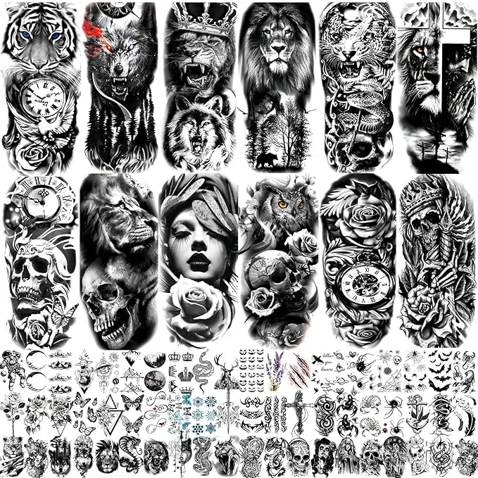 Animal & Skull Pattern Temporary Tattoo, 72 Sheets Temporary Tattoo for Men Women Adults, Include 12 Sheets Black 3D Half Sleeve Temporary Tattoos