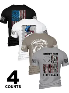 Men's Summer Bestseller Series Vintage Flag Pattern Print Round Neck Casual Short Sleeve 4-Piece Set, Retro Style, Ideal for Daily Wear