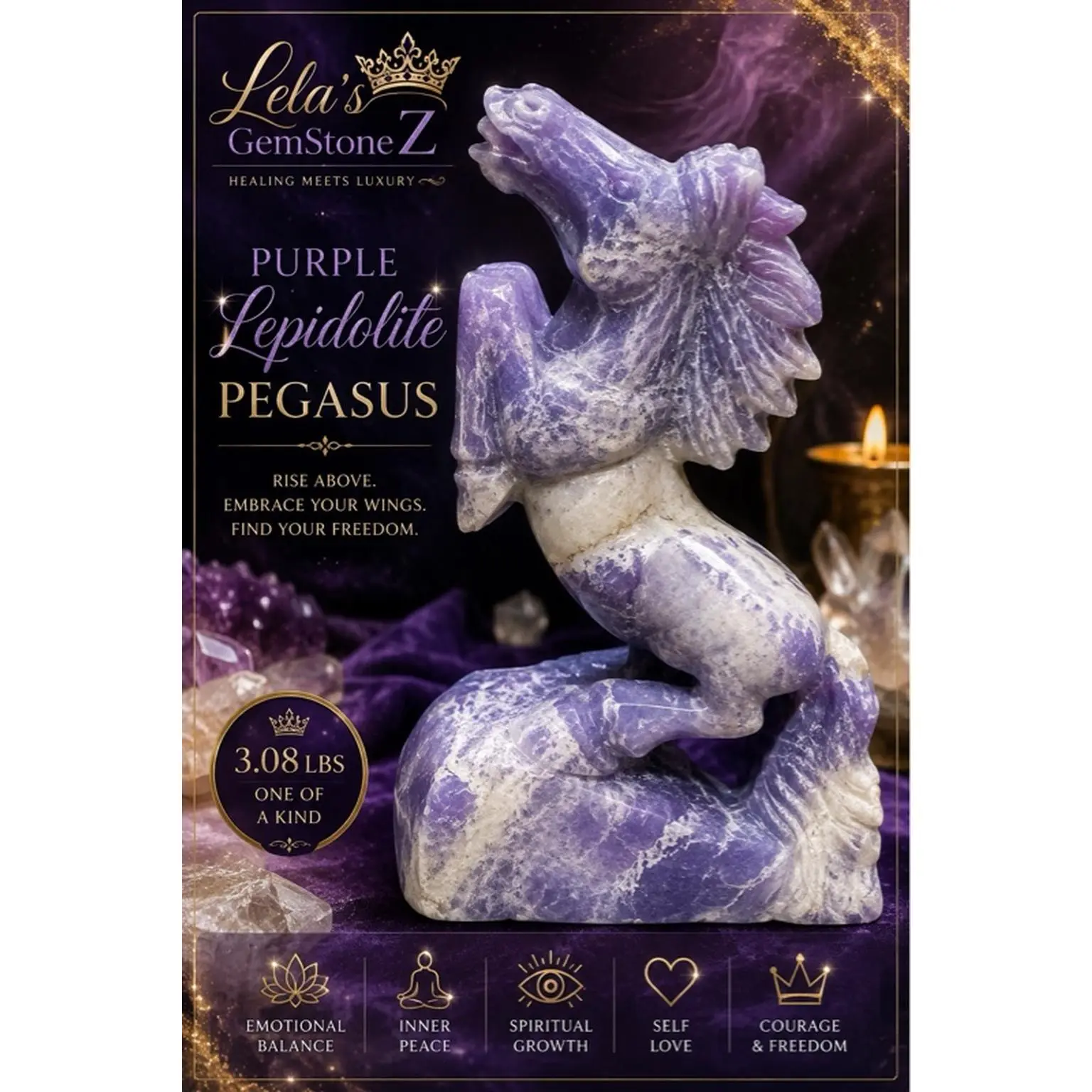 Lela's GemStoneZ Purple Lepidolite Pegasus Hand-Carved Sculpture 3.08 lbs Natural Stone for Crystal Collectors & Meditation Spaces