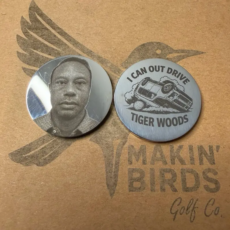 Makin' Birds Golf Co. Tiger Mugshot ball marker - I Can Out Drive Tiger Woods - Collectible Golf Merchandise