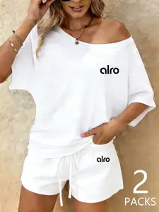 Women's Off-Shoulder Short Sleeve Set with Drawstring Shorts, Letter Print Loose Casual Homewear, 2 Piece