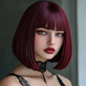 SMILCO/12-inch Wine Straight Bob Wig with Hair Bangs H99 - Adjustable Strap, Comfortable Fit, Long Lasting Wear, Mesh Cap Included