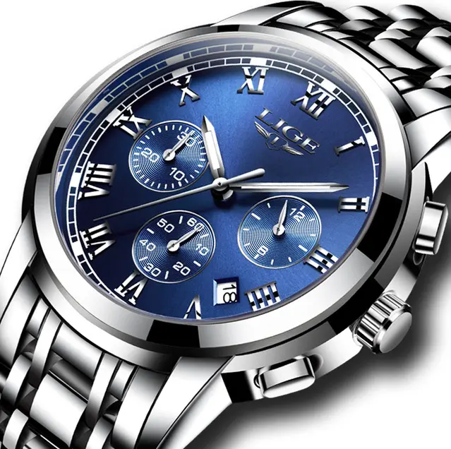 Mens LIGE Dress Sports Watch 3 Sweep Hands Quartz Movement Stop Watch