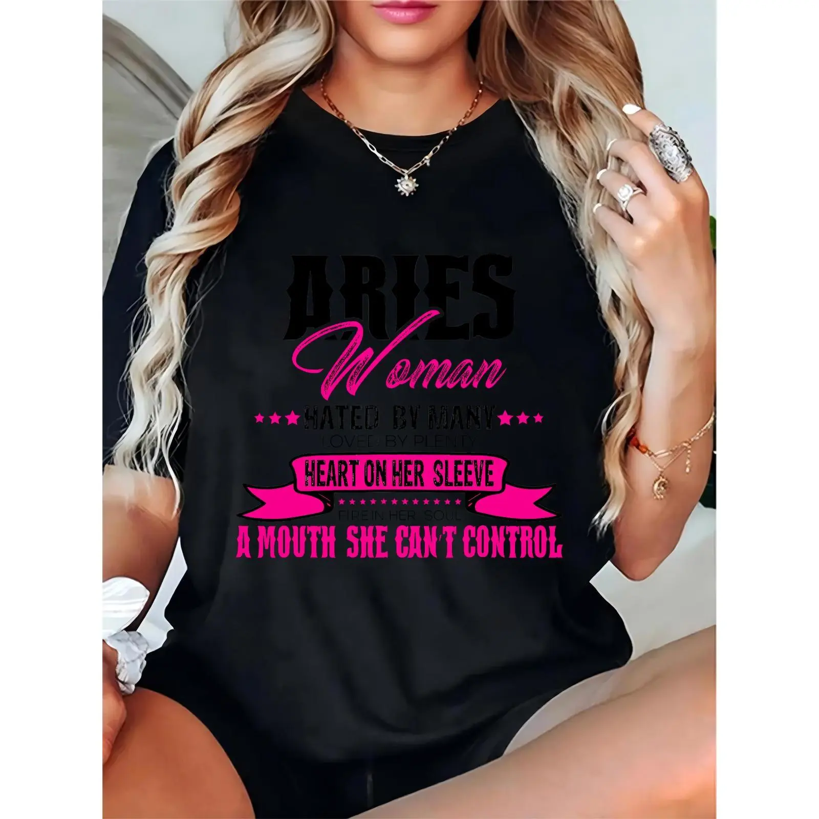 Women's Aries Zodiac Graphic T - Shirt, Aries Woman Quote Tee, Casual Daily Wear for Aries Ladies, Black Short Sleeve Top with "Hated by Many" "Heart on Her Sleeve" Sayings 100% Cotton T-shirt