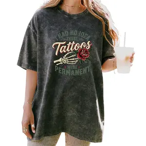 Vintage Graphic Tee – Washed T-Shirt Featuring Retro Tattoo and Rose Skeleton Art