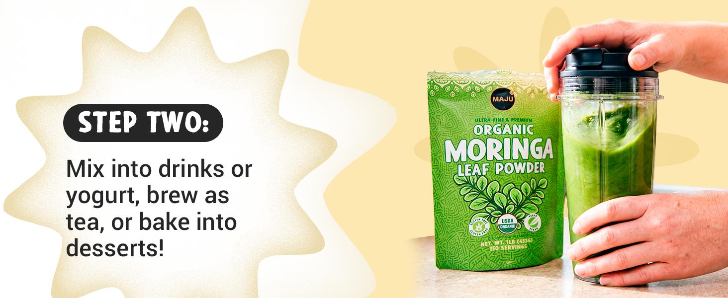 MAJU Organic Moringa Powder (1lb), Oleifera Leaf, Non-GMO and Raw, Shade Dried for Highest Nutrients, Add to Mixed Beverages Natural Superfood Nata