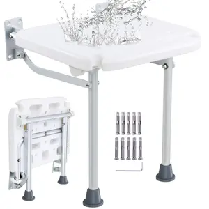 【DealsForYouDays】VEVOR Folding PE Shower Seat, 15.7'' x 14.8'' Unfolded, Wall Mounted Fold Up Shower Bench with 500 lbs Load Capacity, Space Saving Fold Down Shower Chair for Seniors Pregnant Women Children Adults