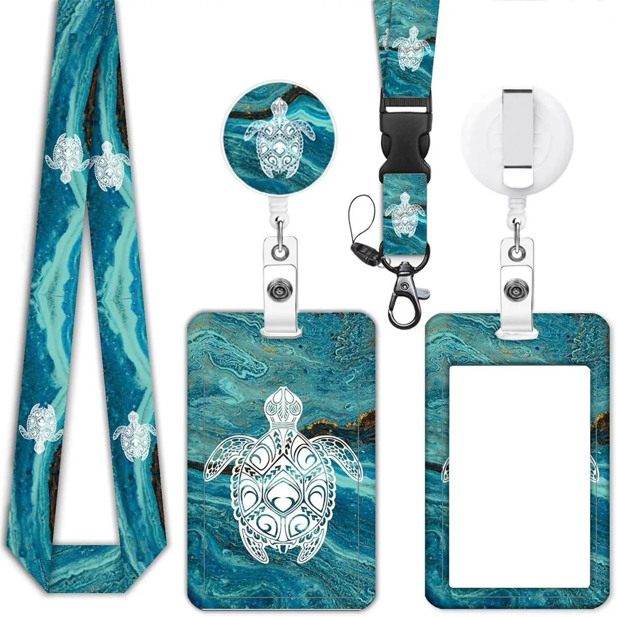 Turtle Pattern ID Badge Holder Set, Animal Shaped Badges, 1 Set Including Lanyard, Card Holder, Card Case & Badge Reel, Identification Badges Supplies for Office Worker, Badge Holder With Lanyard