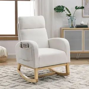 Rocking Chair Modern Armchair Accent High Backrest Living Room Lounge Arm Rocking Chair, Two Side Pocket ,Teddy