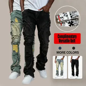 Men's stacked flare jeans, high street distressed stretch denim, slim fit bootcut pants, ripped frayed edge jeans, hip hop streetwear, vintage washed blue jeans, elastic stacked trousers, men's fashion streetwear pants, gift belt included