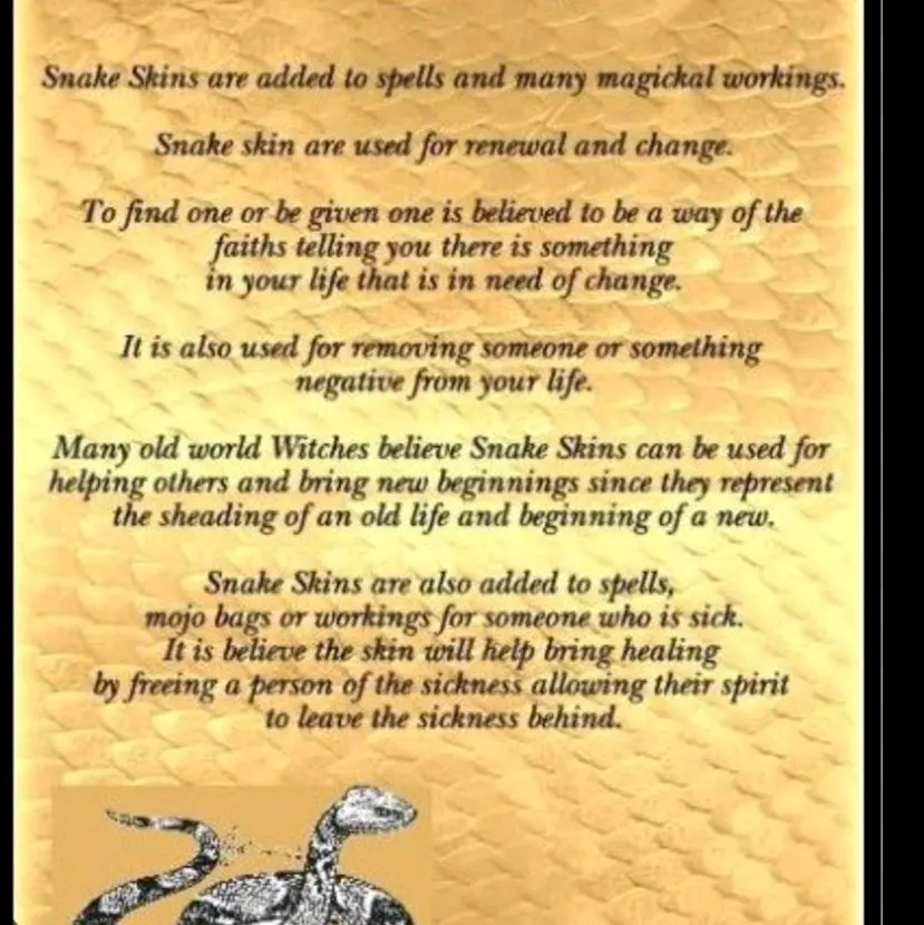 snakeskin for spiritual workings, protection,  growth and renewal.  Hexing and cursing