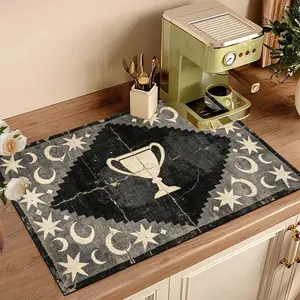 Absorbent Coffee Bar Mat, Non-Slip Backed Mat for Coffee Maker, Quick Dry Dish Drying Mat with Retro Star Moon Trophy Pattern,Coffee Bar Accessories for Kitchen Counter Countertop Coffee Bar