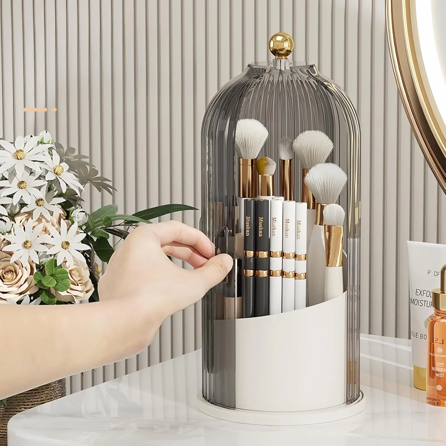 1PCS Makeup Brush Holder Organizer with Clear Lid 360 Rotating Sliding Opening Dustproof Brushes Container for Vanity