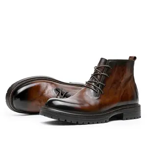 DESAI Leather Ankle Boots Calfskin Men's Classic Soft Handmade lace-up Dress Boot for Motorbike Hiking Walking Footwear Closed Round Toe  Fur Shoe Botas Para Hombres DS6319H