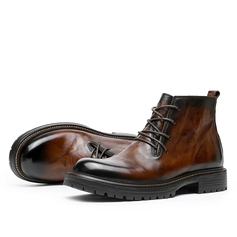 DESAI Leather Ankle Boots Calfskin Men's Classic Soft Handmade lace-up Dress Boot for Motorbike Hiking Walking Footwear Closed Round Toe Winter Fur Shoe Botas Para Hombres DS6319H