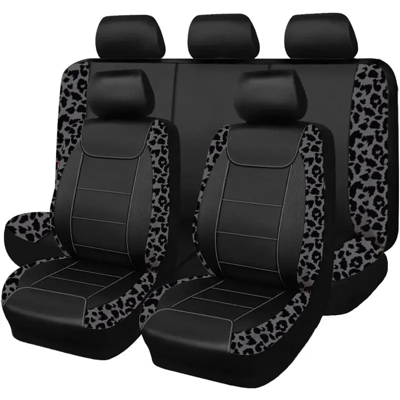 Carbon Fiber Leather  Seat Covers, Leopard Gray Black, Universal Fit - 8 count