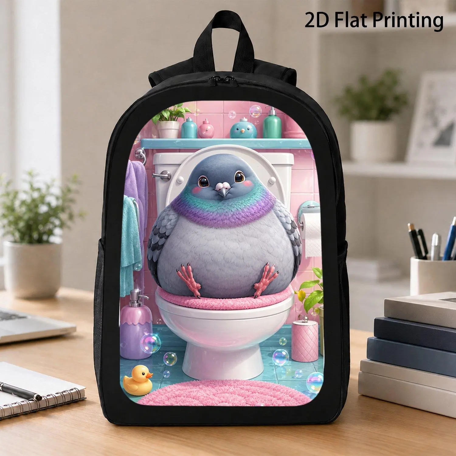[17 Inch Backpack] 1pc Cute Kawaii Chubby Pigeon On Pink Toilet Graphic Backpack Pastel Animal Art Backpack Portable Laptop Backpack Perfect Back To School Accessory