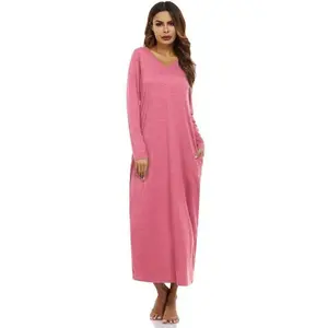 Marvmys Women’s Cotton Long Nightgowns, Long-Sleeve Nightshirts, V-Neck, Full-Length Sleep Shirts with Pocket — Soft, Casual Birthday Wear