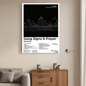 Framed 1pc Gang Signs & Prayer Album Cover Framed Canvas Wall Art - Stormzy Lyrics Poster, Black & Blue Music Track List, Ready-to-Hang Home Decor for Living Room, Bedroom, Office - Housewarming/Birthday Gift for Rap Fans Glossy Matte