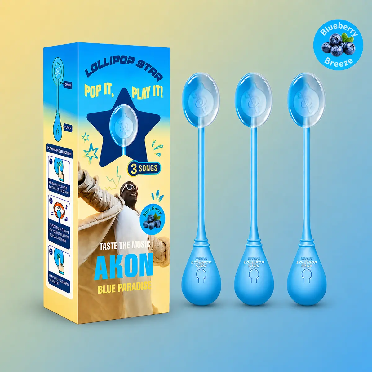 LollipopStar x Akon Music Lollipop, Bone Conduction Technology Audio Lollipop with 3 Packs, TastySounds Hip Hop Music Lollipop in Blueberry