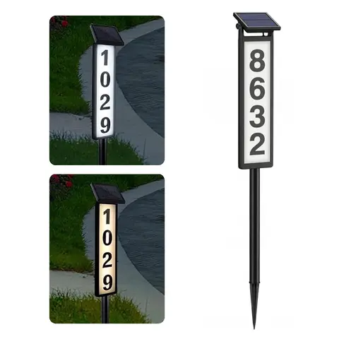 Solar Lighted House Address Numbers Sign Set, Waterproof Aluminium-Plastic LED Illuminated Plaque with Adjustable Solar Panel, ABS Material, 2-Mode White Light, DIY 0–9 & A–F for Home Garden