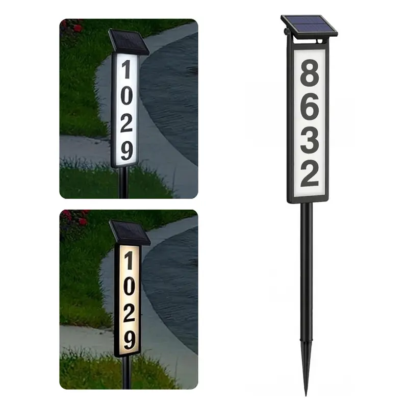 Solar Lighted House Address Numbers Sign Set, Waterproof Aluminium-Plastic LED Illuminated Plaque with Adjustable Solar Panel, ABS Material, 2-Mode White Light, DIY 0–9 & A–F for Home Garden
