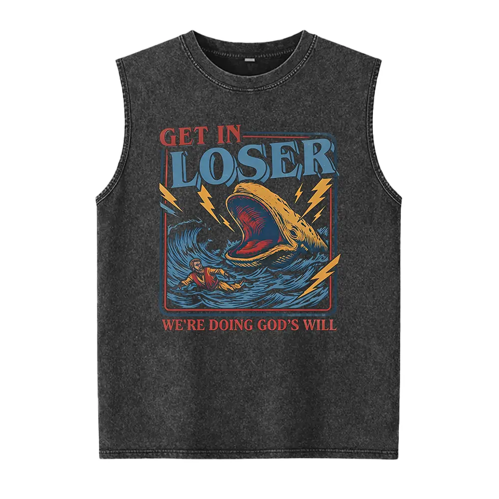 Women's Sleeveless Seamless Cotton Round Neck Oversized Washed Vest - Casual Outdoor Style, Hem Detail, Christian Streetwear, Jonah and the Whale Graphic, "Get In Loser We're Doing God's Will" Verse, Faith Humor Religious Gift, Plain