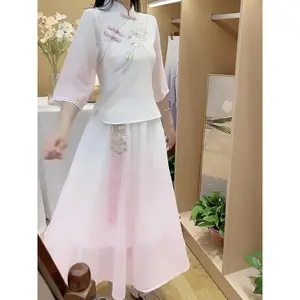 2025 New Elegant and Beautiful Chinese Style Summer Tang Suit Two-Piece Set Ethnic Hanfu Embroidered Floral Slim Fit Stand Collar Lady New Gradient Skirt Versatile Age-Reducing Top with Half Skirt Set Looks Good on Everyone