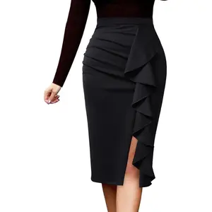 Women Elegant Ruched Ruffle Slit Work Business Party Pencil Skirt