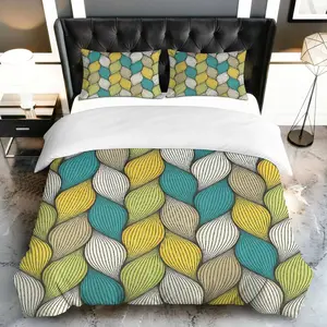 3PCS Duvet Cover Set, 1 Duvet+2 Pillowcases(Without filler), Geometric Leaf Pattern Yellow Teal Green theme, Spring bedding set, Abstract Design Suitable for decoration Bedroom Living Room Guest Room Hotel