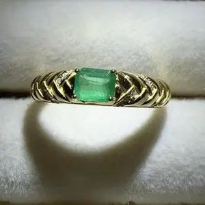 <PingEast jewelry > Emerald ring104--925 Silver Gold EastWest Ring with 4×5mm Stone | Engraved Wide Band | Certified