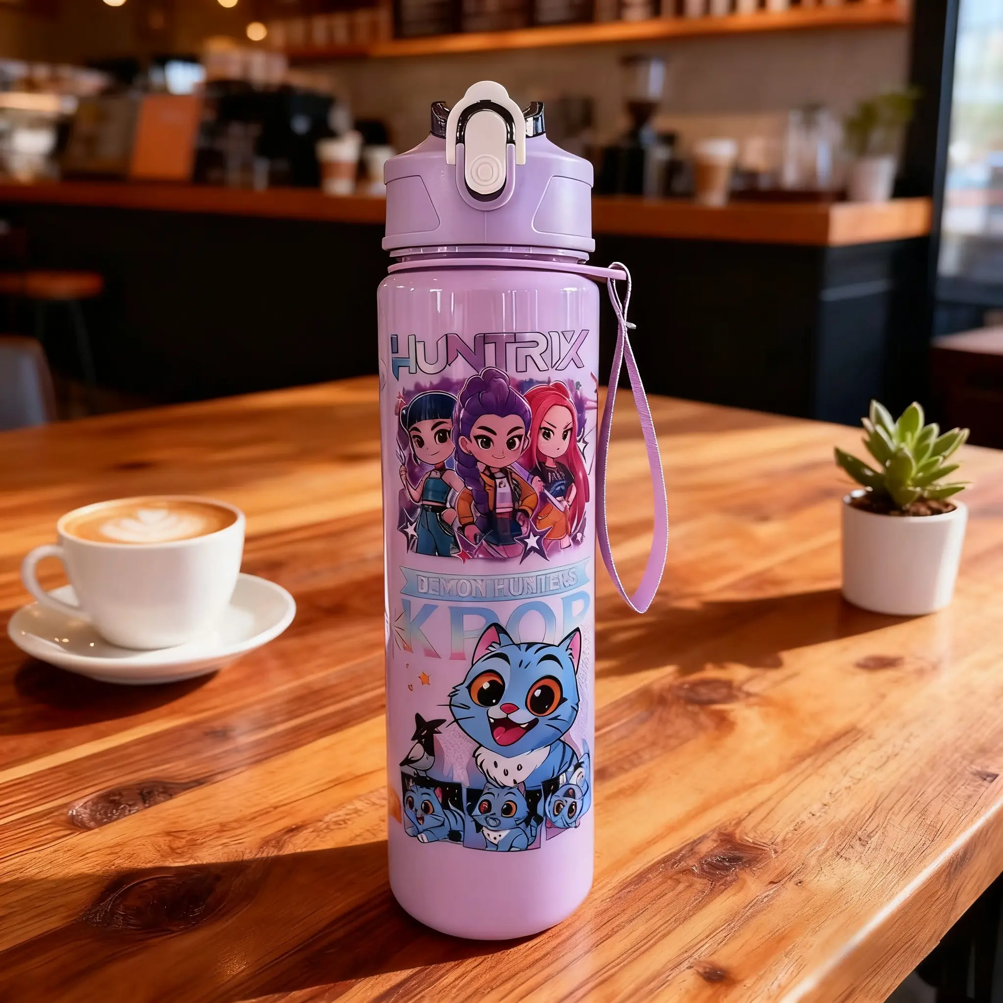 K-Pop Ghost Hunter Theme Totem Water Bottle with Lid and Straw, Reusable Hard Plastic, 700ML Eco-Friendly, Perfect for School, Travel, Halloween Party