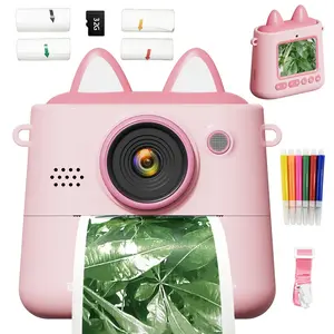 Print Camera Photo Video Instant Print 9 Casual Mini Games Single Color Print with 4 Rolls Paper Memory Card Pen Lanyard Outdoor Travel