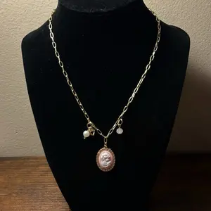 Victorian Necklace Cameo Pendant with Unique Design and Charms on Chain Metal Coating Paperclip Chain Blue Flower Heart Charm with Gems Cross Pearl