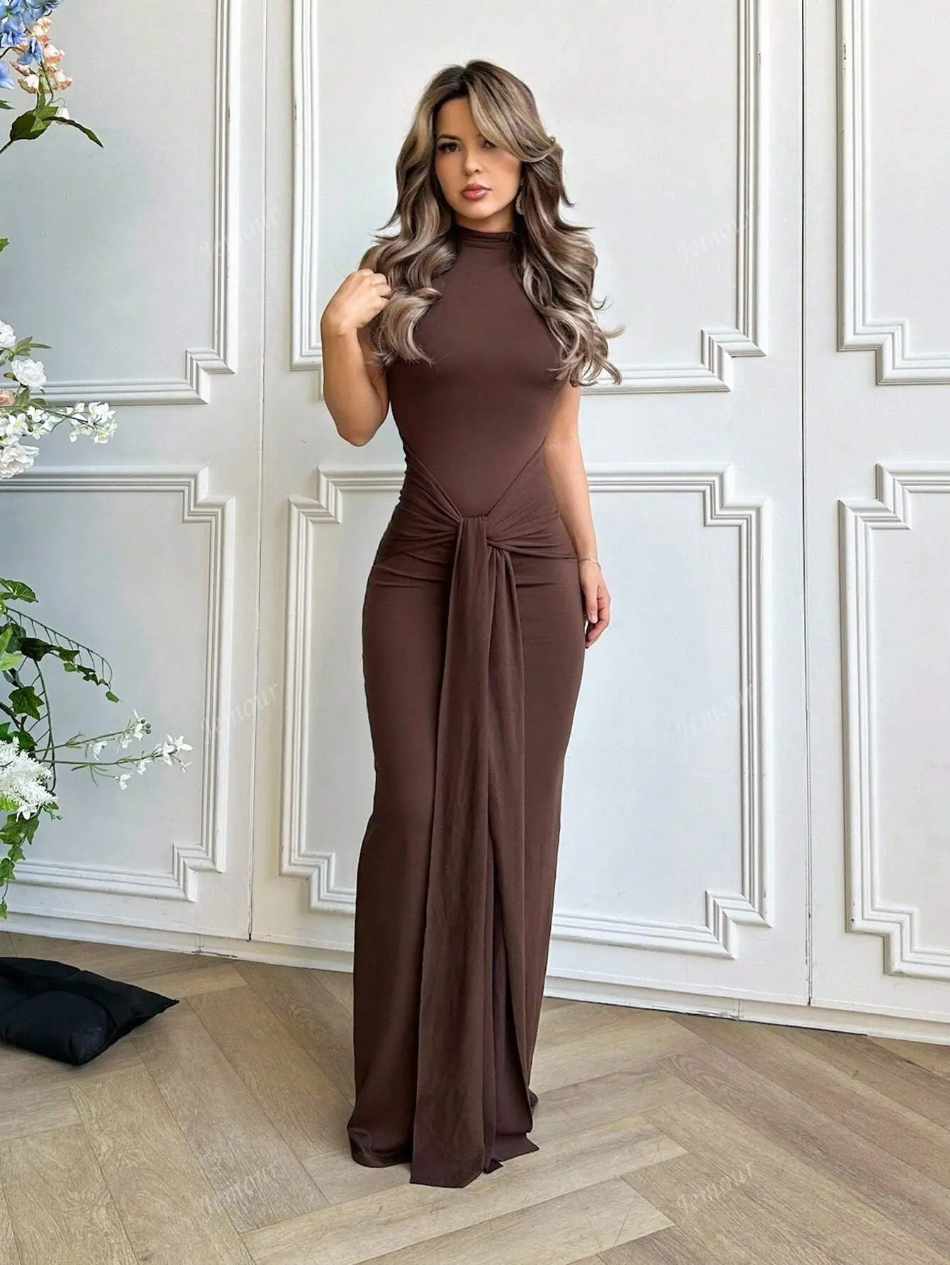 long black maxi dress with slit Adriana Lace High-Slit Black Acetate Maxi Dress