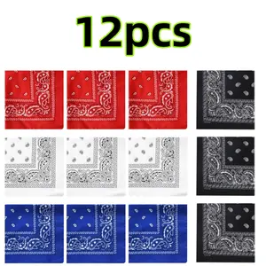 12 pcs Cotton Square Bandanas Handkerchiefs Double Sides Printed Handkerchiefs Multi-purpose Bandanas Fashion Accessories