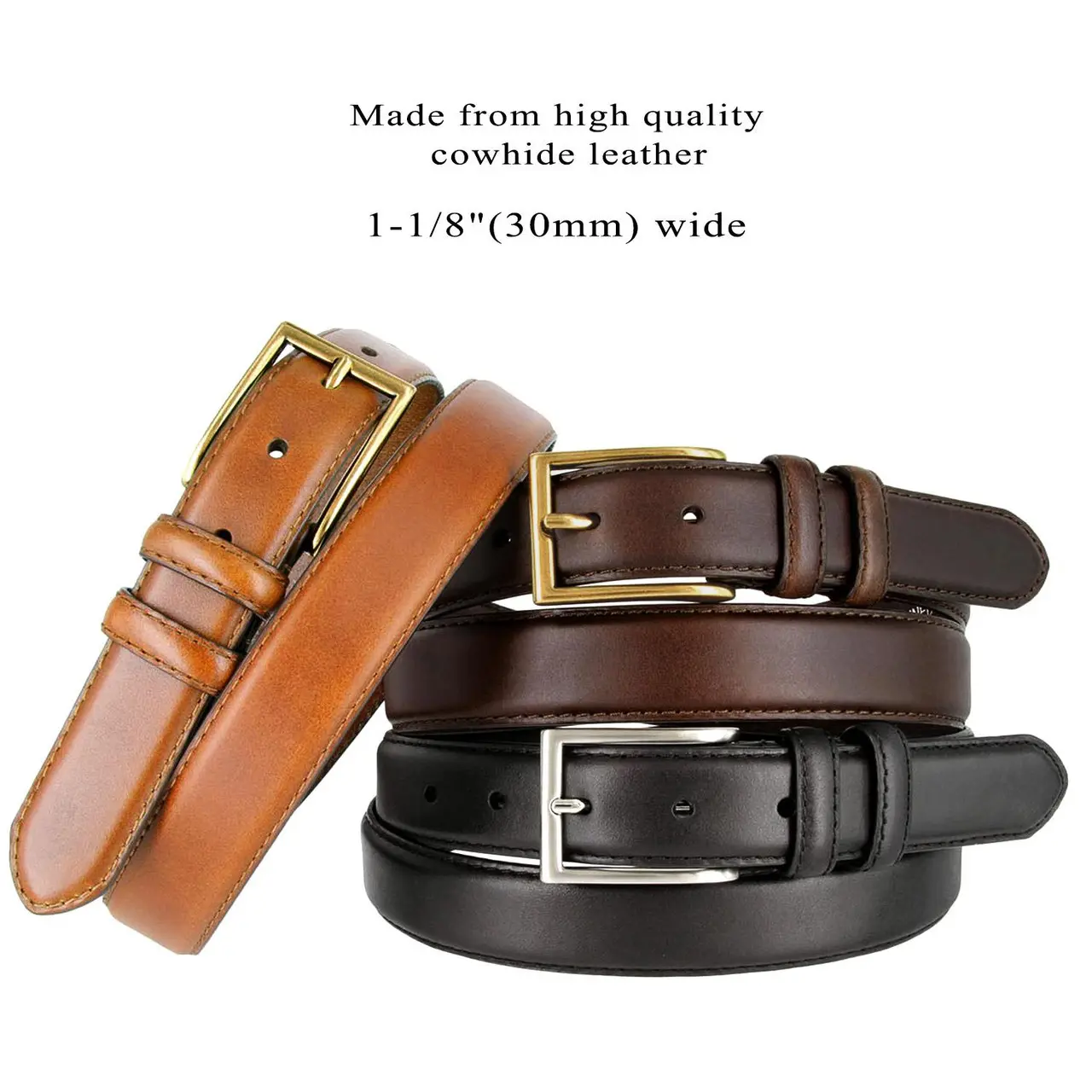 HJ-10 Genuine Men's Oil-Tanned Leather Dress Belt 1-1/8" (30mm)