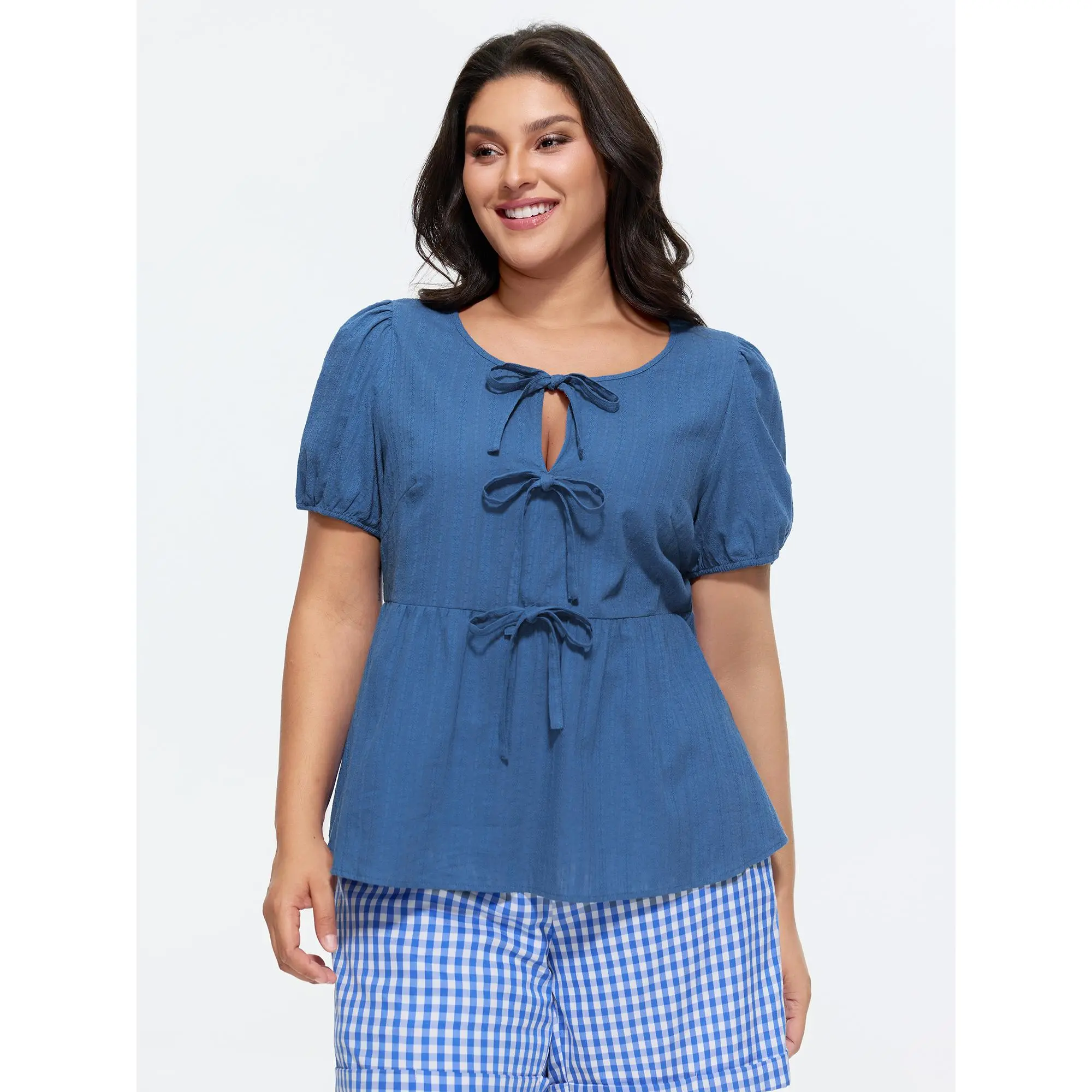 BloomChic Plus Size Solid Cotton Blouse, a Comfy Casual Curvy Clothing Top with Lantern Short Sleeves and a Bowknot Cut-Out Detail,back to school,back to school shopping, Garment, Shortsleeve