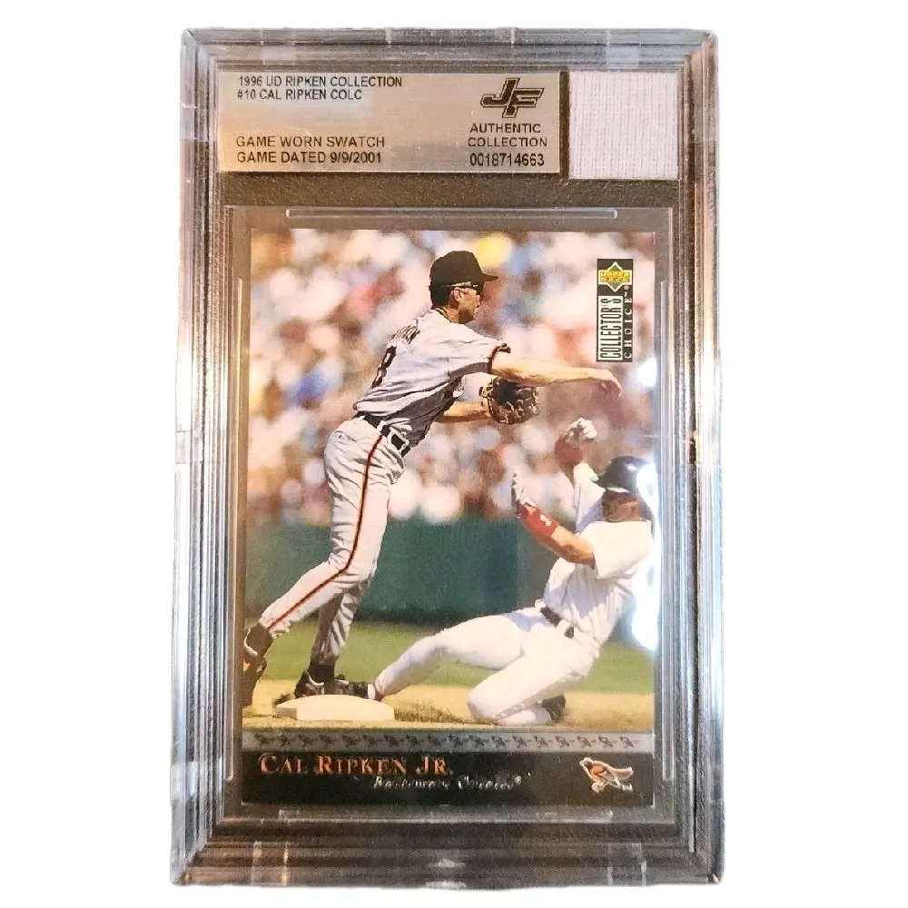 Cal Ripken Jr Baltimore Orioles Game-Worn Swatch "dated 9/9/2001," Retirement Season - 1996 Upper Deck Collector's Choice "Ripken Collection" #10 Mint Card, By Jersey Fusion