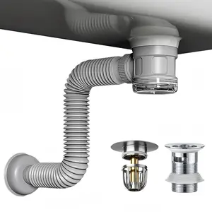Bathroom Sink Drain Kit with Flexible Expandable Pipe: Odor-Free & Backflow-Preventing, Space-Saving Design without a P-, For 1-1/4'' & 1-1/2'' Drain Hole (Chrome, With Overflow)