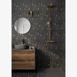 Glam Nero Marquina + Gold Brass 12x13 Glossy Hexagon Mosaic Tile