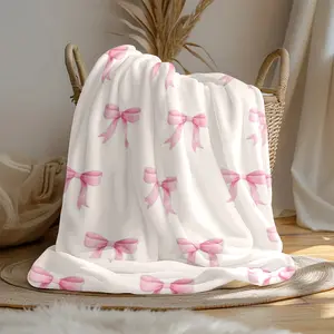 Bowknot Print Flannel Blanket - Soft, Vintage-Inspired Design with Pink Bows on White, All-Season Comfort for Home, Office, Camping & Travel, Machine Washable, Perfect for Halloween & Christmas Decor, Travel Accessory | Playful Pattern | Soft Texture