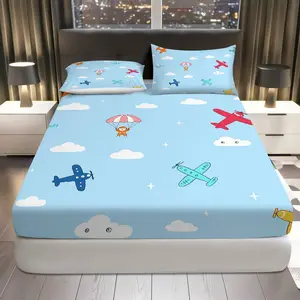 3Pcs Sky Adventure Parachute Airplane Fitted sheet Three Piece Set (1*Fitted Sheet+2*Pillowcases, Coreless), Holiday theme, Decorative Bedding Set, Mattress protector Soft, Breathable